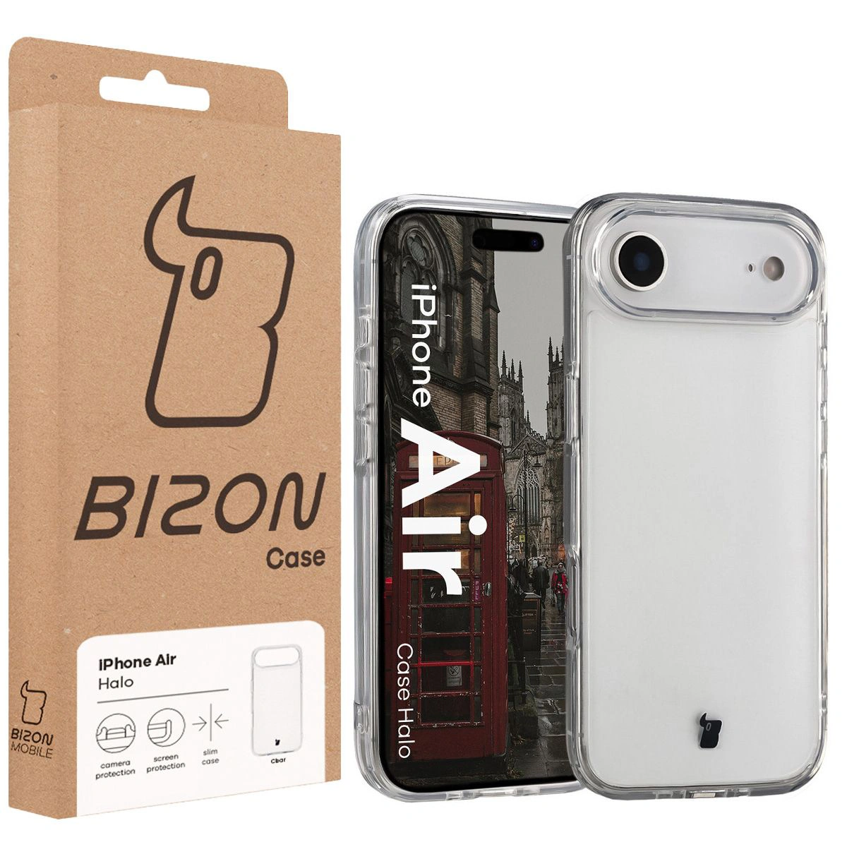 Przód pudełka Bizon Case z dedykowaną etykietą do Apple iPhone Air
